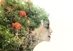 Artistic surreal female profile in a metamorphosis with nature